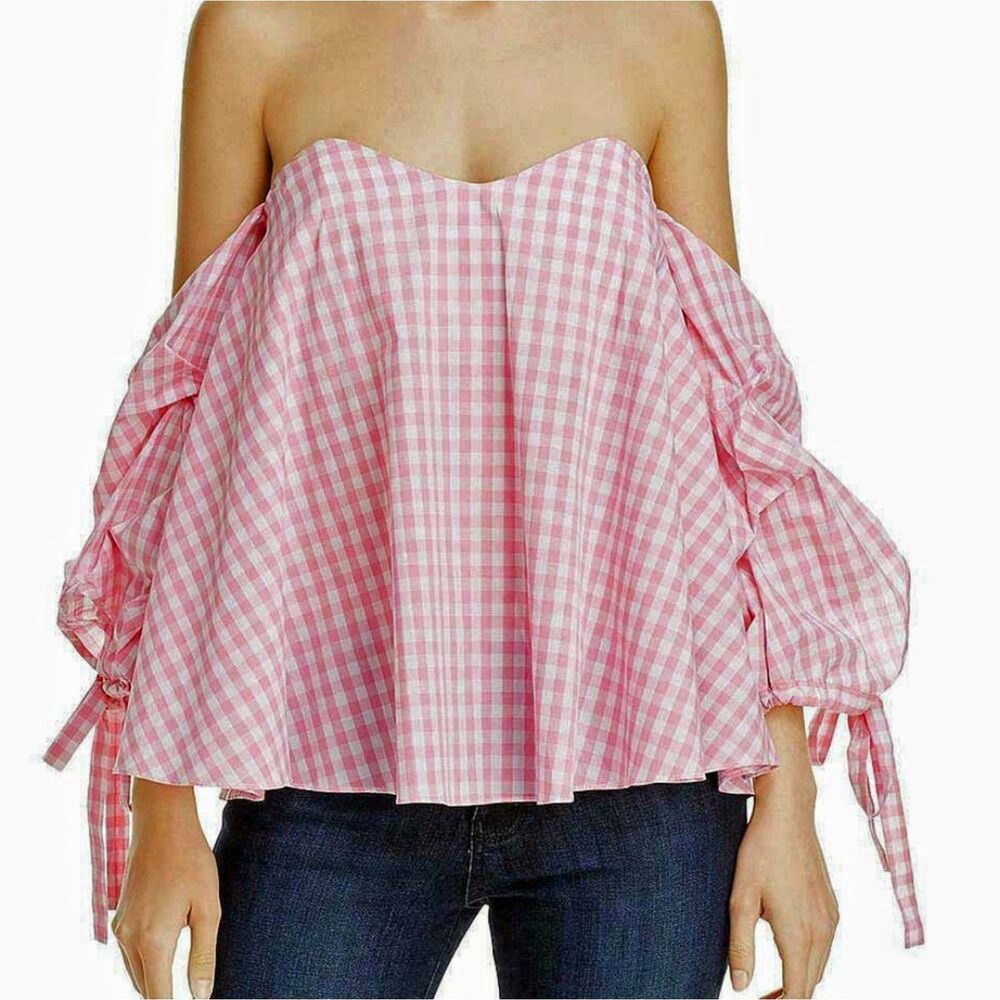 DO+BE Pink Gingham Off-The-Shoulder Puff Sleeve Top - XS NWT - Cotton